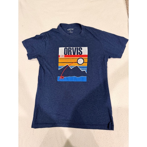 Orvis Other - Orvis Mens Graphic T-Shirt Navy Blue Fly Fishing Mountain Scene Size M (696)
